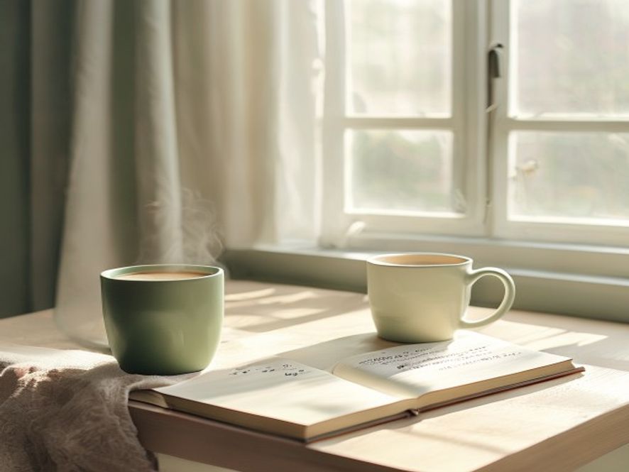 Calm workspace with habit tracker and coffee, morning light on desk